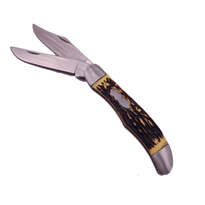 Cutit cu 2 Lame, Model Ciobanesc, Maner Os, Deschidere Manuala, Otel, 24 cm, Dalimag