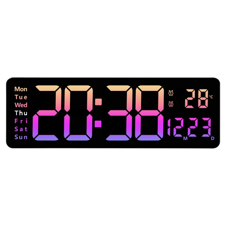 Цифров LED стенен часовник, SDLOGAL, 16-инчов голям екран с дистанционно управление, календар, температура, термометър, 10 регулируеми нива на осветеност, оранжева/лилава градиентна светлина