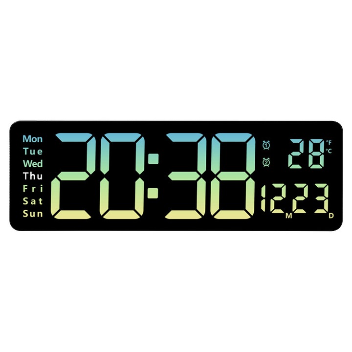 Цифров LED стенен часовник, SDLOGAL, 16-инчов голям екран с дистанционно управление, календар, температура, термометър, 10 регулируеми нива на светлина, синя/жълта градиентна светлина