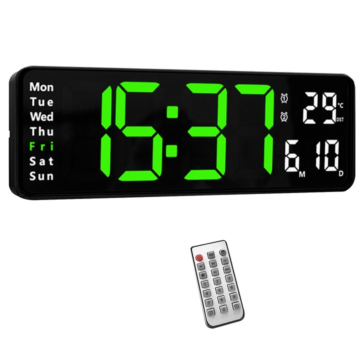 Настолен или стенен часовник, SDLOGAL, с 13-инчов HD LED дисплей и дистанционно управление, многофункционален, показване на дата, ден, час и температура едновременно, 10 регулируеми нива на осветеност, зелена светлина