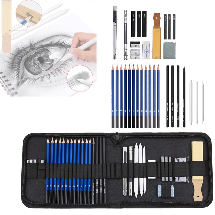 Set de creioane grafit, carbune pentru schite, desen, cu accesori, 33 de piese, penar practic