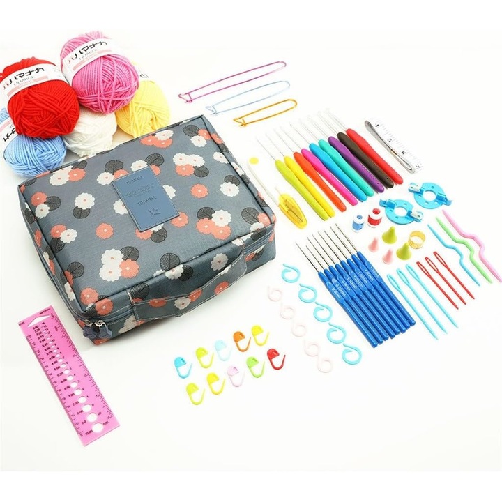 Set de crosetat, 67 Piese, Cu geanta depozitare, Multicolor
