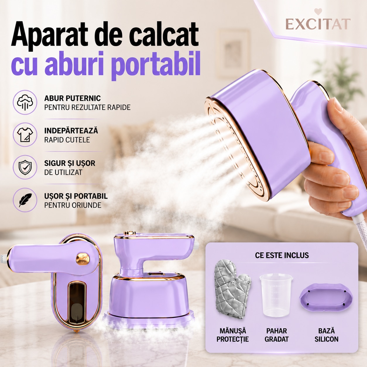 Fier de calcat portabil, Excitat®, Fier de calcat cu abur de calatorie pentru haine, 1000w, Incalzire 15 secunde, 100 ml, Functie de calcat umed si uscat, Rotatie de 180 de grade, Perfect pentru calatorii, 15.5 x 10.8 x 7.7 cm, Violet