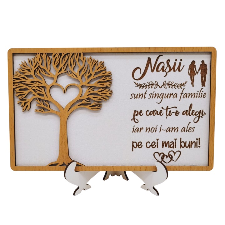 Tablou cadou personalizat pentru Nasi, nunta, aniversare casnicie - "Nasii sunt singura familie pe care ti-o alegi", Lemn, Decupaj si Gravura Laser, 20x13 cm, Rica Dreamart, Model 3