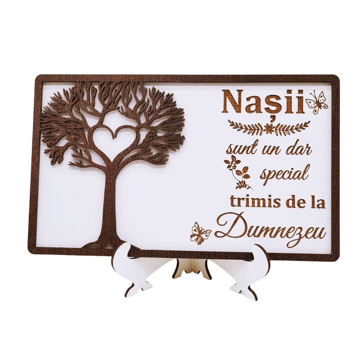 Tablou cadou personalizat pentru Nasi, nunta, aniversare casnicie - "Nasii sunt un dar special", Lemn, Decupaj si Gravura Laser, 20x13 cm, Rica Dreamart, Model 4