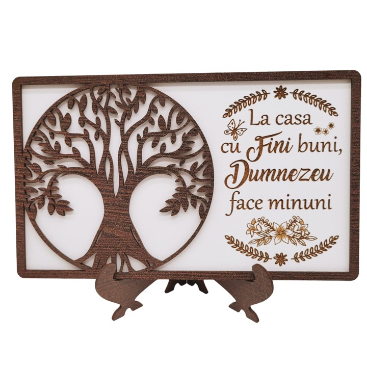 Tablou cadou personalizat cu mesaj pentru Fini, nunta, aniversare casnicie - "La casa cu fini buni", Lemn, Decupaj si Gravura Laser, 20x13 cm, Rica Dreamart, Model 1