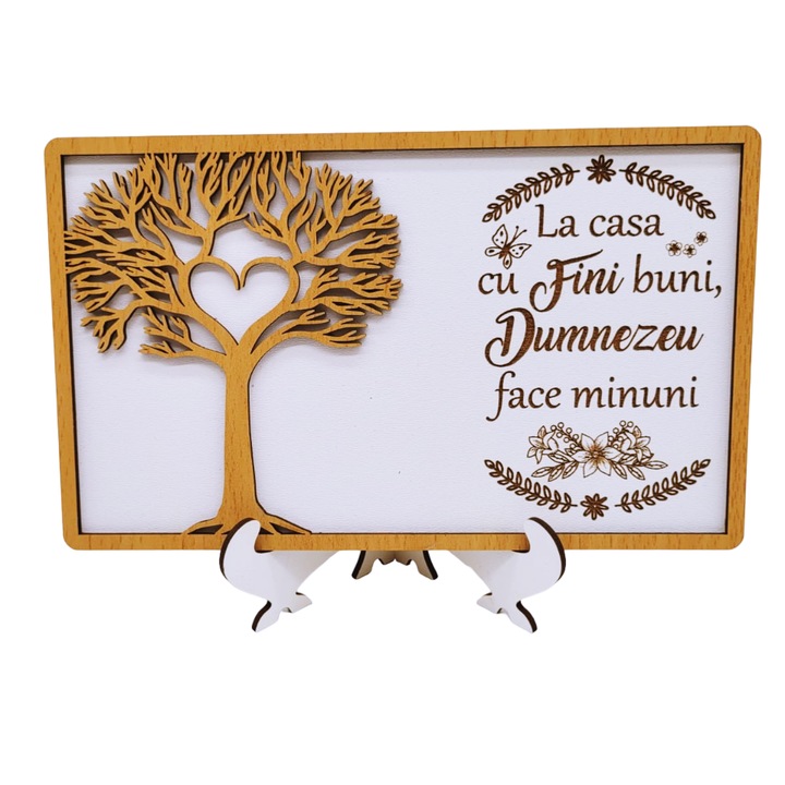 Tablou cadou personalizat cu mesaj pentru Fini, nunta, aniversare casnicie - "La casa cu fini buni", Lemn, Decupaj si Gravura Laser, 20x13 cm, Rica Dreamart, Model 3