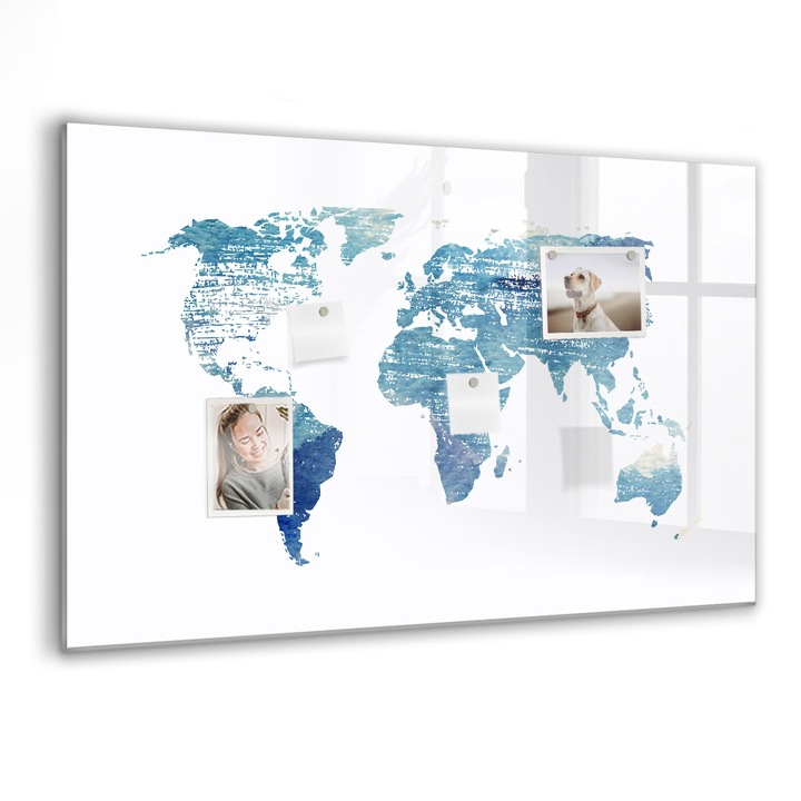 Tabla magnetica, Coloray, harta lumii, Albastru, 90 x 60 cm, Magneti, Marker negru, 010640700060300088576