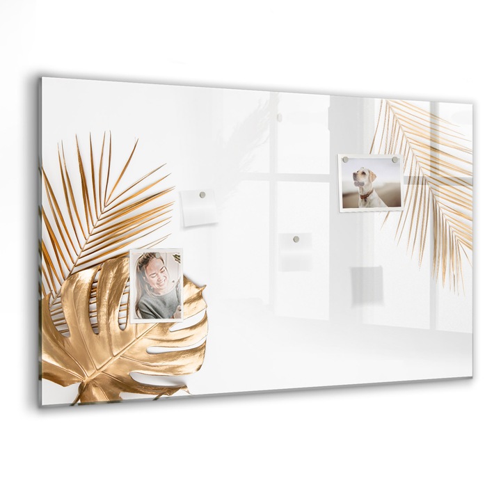 Tabla magnetica, Coloray, Frunze tropicale, Auriu, 90 x 60 cm, Magneti, Marker negru, 010640700060300088593