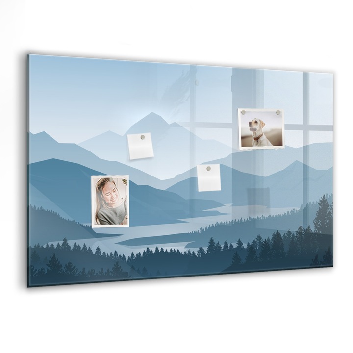 Tabla magnetica, Coloray, Peisaj montan, Albastru, 90 x 60 cm, Magneti, Marker negru, 010640700060300088580