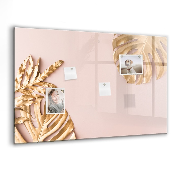 Tabla magnetica, Coloray, Frunze tropicale de aur, Auriu, 90 x 60 cm, Magneti, Marker negru, 010640700060300088558