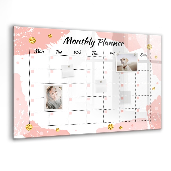 Tabla magnetica, Coloray, Planificator lunar, Roz, 90 x 60 cm, Magneti, Marker negru, 010640700060300088560