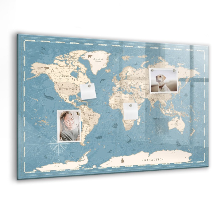 Tabla magnetica, Coloray, Harta mondiala vintage, Albastru, 90 x 60 cm, Magneti, Marker negru, 010640700060300088502