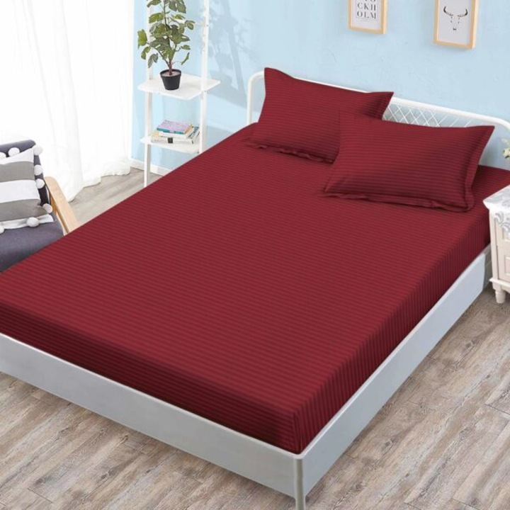 Cearsaf de pat Bumbac Satinat cu elastic 180x200 cm, 3 piese, pat matrimonial, culoare rosu