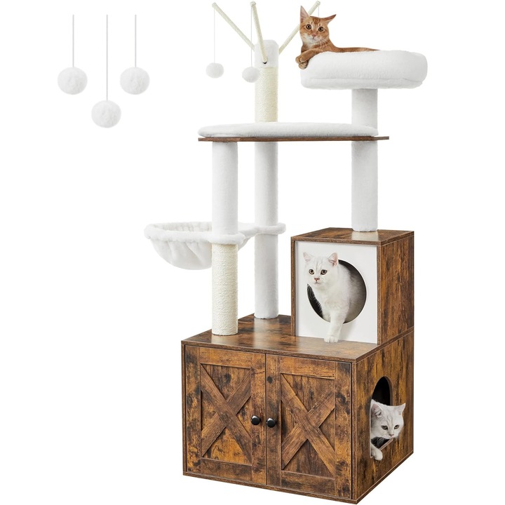 Катерушка за котки FEANDREA, 2 в 1 с клетка, скривалища и кът за игра, 58x50x140 см, vintage brown