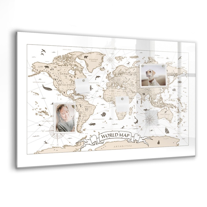 Tabla magnetica, Coloray, Harta mondiala vintage, Alb, 90 x 60 cm, Magneti, Marker negru, 010640700060300088504