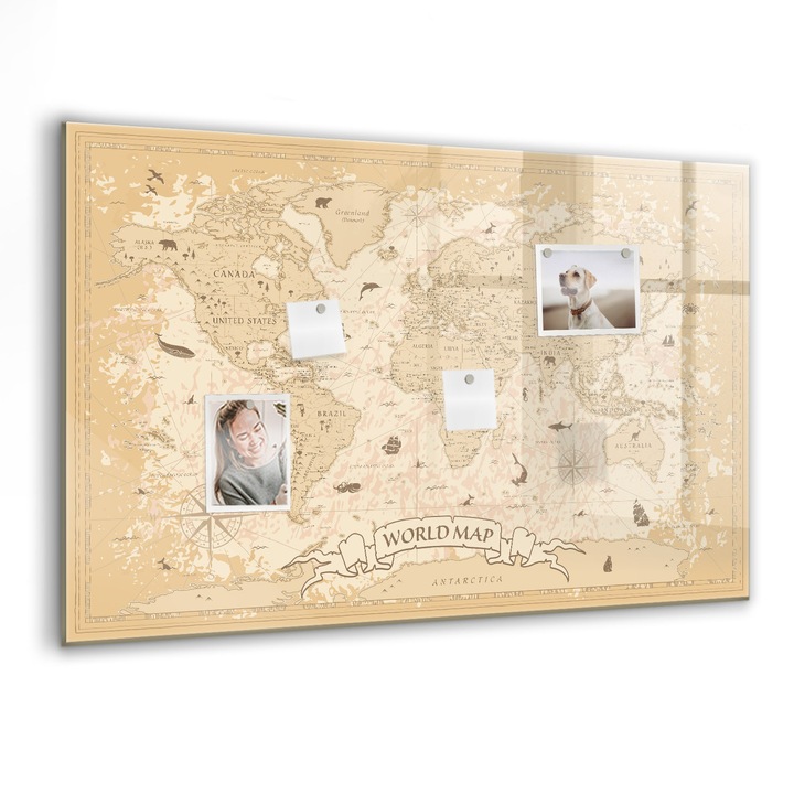 Tabla magnetica, Coloray, Harta mondiala vintage, Maro, 90 x 60 cm, Magneti, Marker negru, 010640700060300088503