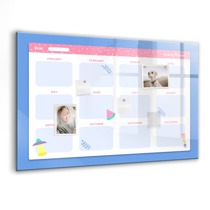 Tabla magnetica, Coloray, Planificator lunar, Albastru, 90 x 60 cm, Magneti, Marker negru, 010640700060300088461