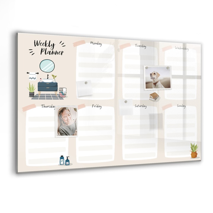 Tabla magnetica, Coloray, Planificator saptamanal, Gri bej, 90 x 60 cm, Magneti, Marker negru, 010640700060300088449