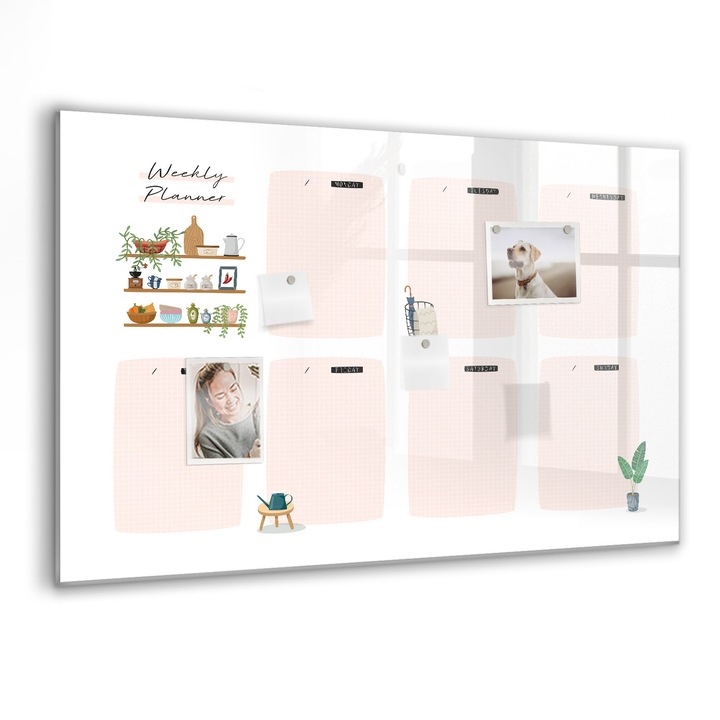 Tabla magnetica, Coloray, Planificator saptamanal, Roz, 90 x 60 cm, Magneti, Marker negru, 010640700060300088446