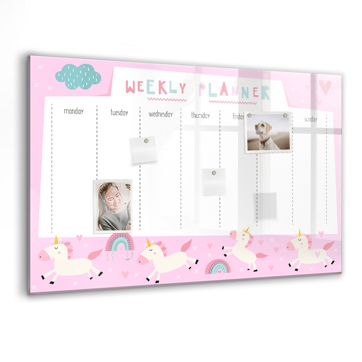 Tabla magnetica, Coloray, Planificator saptamanal pentru copii, Roz, 90 x 60 cm, Magneti, Marker negru, 010640700060300088382