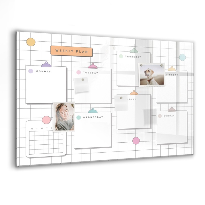 Tabla magnetica, Coloray, Planul saptamanal, Alb, 90 x 60 cm, Magneti, Marker negru, 010640700060300088341