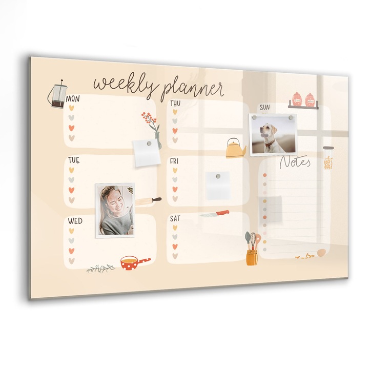 Tabla magnetica, Coloray, Planificator saptamanal, Galben, 90 x 60 cm, Magneti, Marker negru, 010640700060300260236