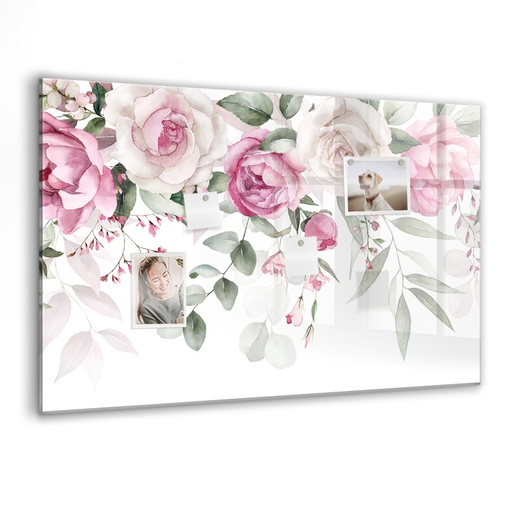 Tabla magnetica, Coloray, Trandafiri de acuarela, Roz, 90 x 60 cm, Magneti, Marker negru, 010640700060300088303