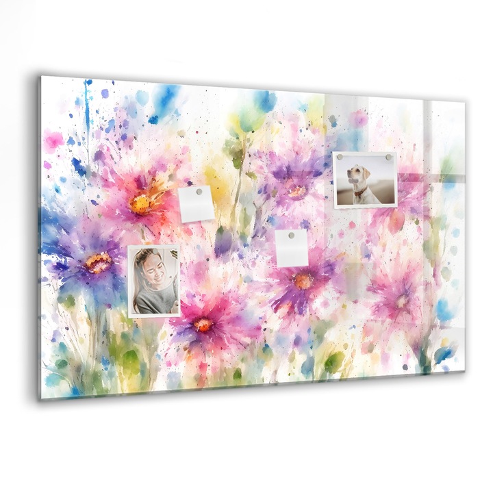 Tabla magnetica, Coloray, Flori pictate, Multicolor, 90 x 60 cm, Magneti, Marker negru, 010640700060300088268