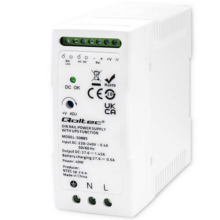 Aхранване, Qoltec, Ha DIN шина с функция UPS, 40W