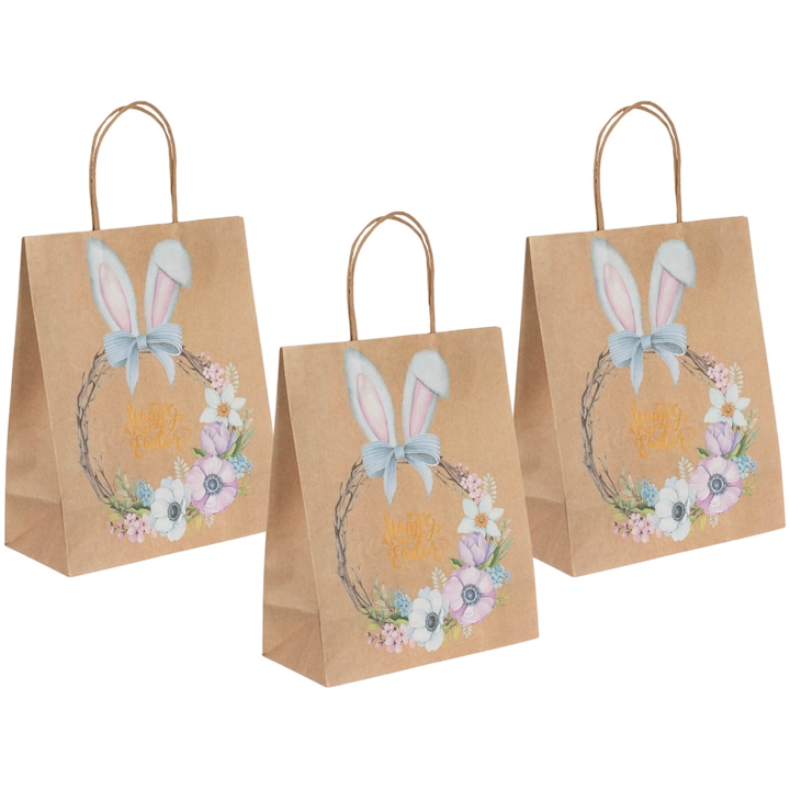 Комплект от 3 x Великденски подаръчни торбички, Хартиени, Честит Великден, 26x12x32 см, Бежови