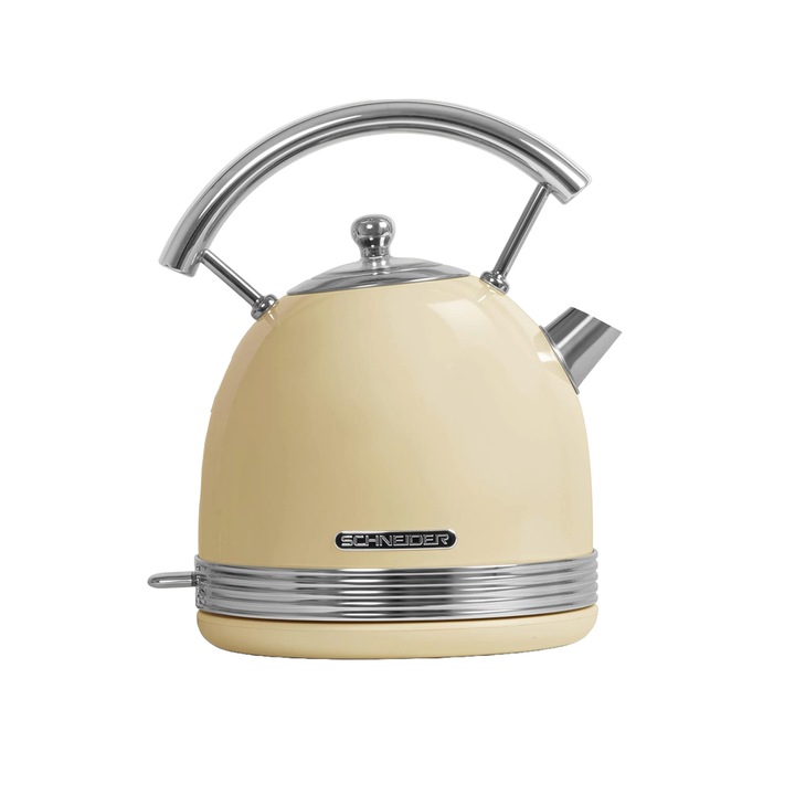 Retro Schneider elektromos vízforraló, Feeling's Collection, 1,7 liter, 2200 W, automatikus kikapcsolás, vízszintjelző, nosztalgikus kialakítás, szennyeződésszűrő, inox és ABS, praktikus fogantyú, könnyű kiöntés, forgó talp, rejtett fűtőelem, krém