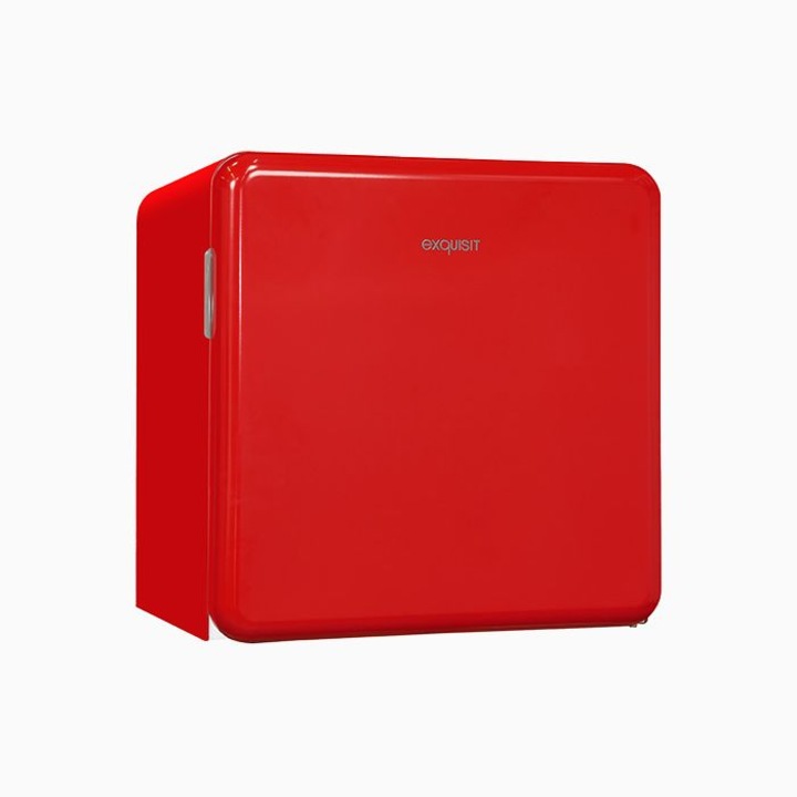 Mini frigider retro Exquisit, H 50 cm, capacitate 47 litri, ideal pentru birou/hotel/camping, design compact, iluminare interioara LED, temperatura ajustabila, picioare reglabile, deschidere pe dreapta, rosu
