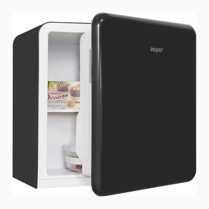 Mini frigider retro Exquisit, H 50 cm, capacitate 47 litri, ideal pentru birou/hotel/camping, design compact, iluminare interioara LED, temperatura ajustabila, picioare reglabile, deschidere pe dreapta, negru
