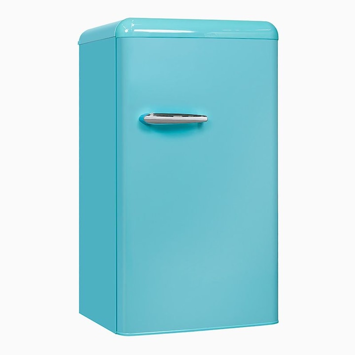 Mini frigider retro Exquisit, H 90.5 cm, capacitate 94 litri, ideal pentru birou/hotel, compartiment pentru fructe si legume, usa reversibila, termostat reglabil, iluminare interioara LED, silentios si compact, bleu