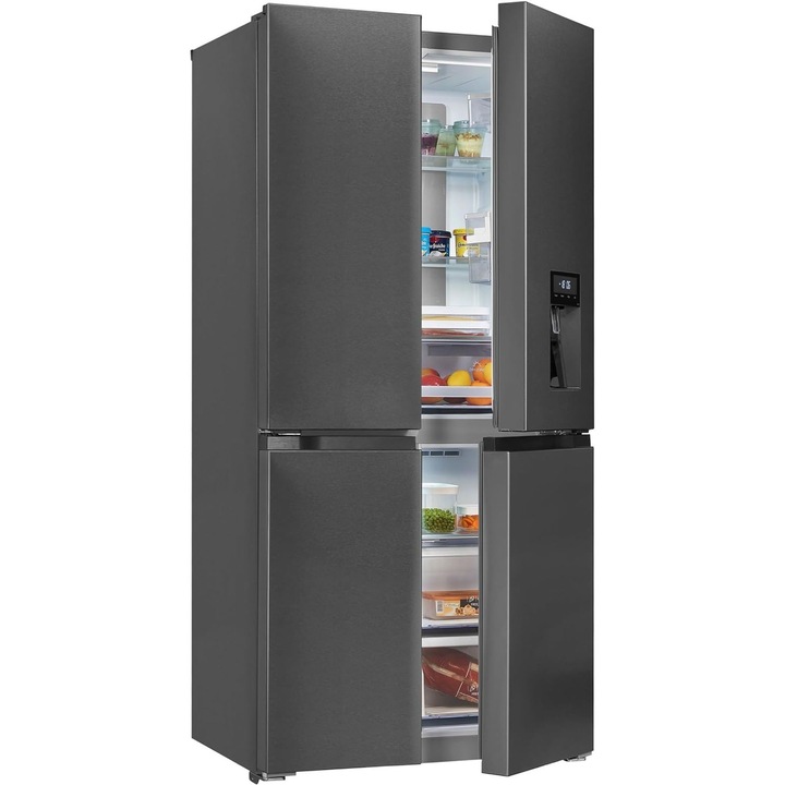 Frigider side by side Exquisit, H 183 cm, capacitate totala 432 litri, functie No Frost, sistem MultiAirflow, dozator de apa, racire si congelare rapida, mod vacanta, dezghetare automata, blocare acces copii, alarma usi deschise, picioare ajustabile, inox