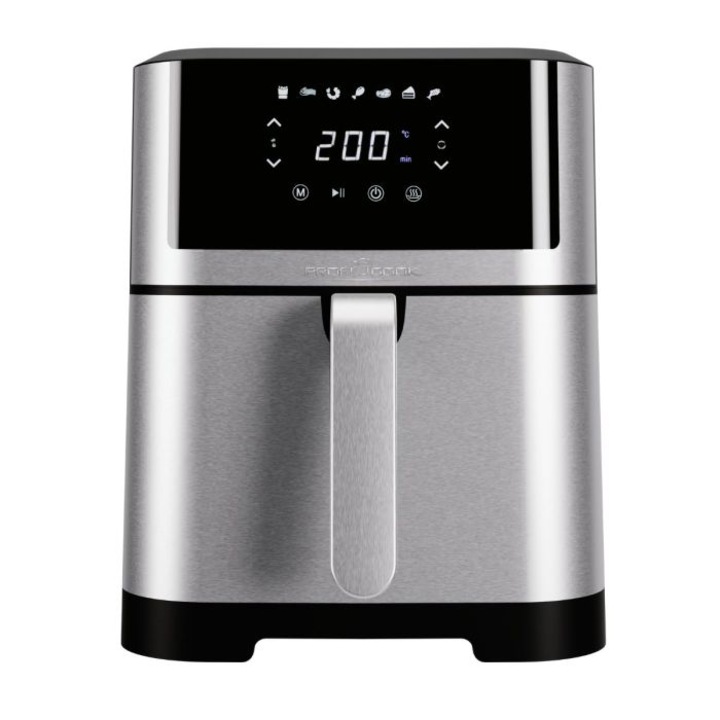Friteuza cu aer cald ProfiCook, 1800 W, capacitate 8 litri, 7 programe, temperatura ajustabila 80°C-200°C, display sensor touch, oprire automata, dezghetare, gatire sanatoasa, protectie supraincalzire, inox