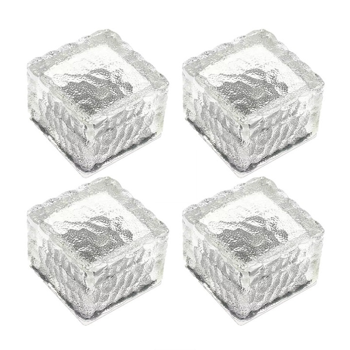 Set 4 lampi solare de exterior NEXTLY, din sticla, pentru gradina, alee, scari, senzor de lumina, waterproof, lumina calda, alb/transparent