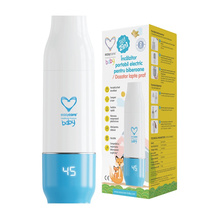 Комплект 2в1: Нагревател за бебешки шишета Easycare Baby, Преносим, Електрически + Дозатор за сухо мляко Easycare Baby