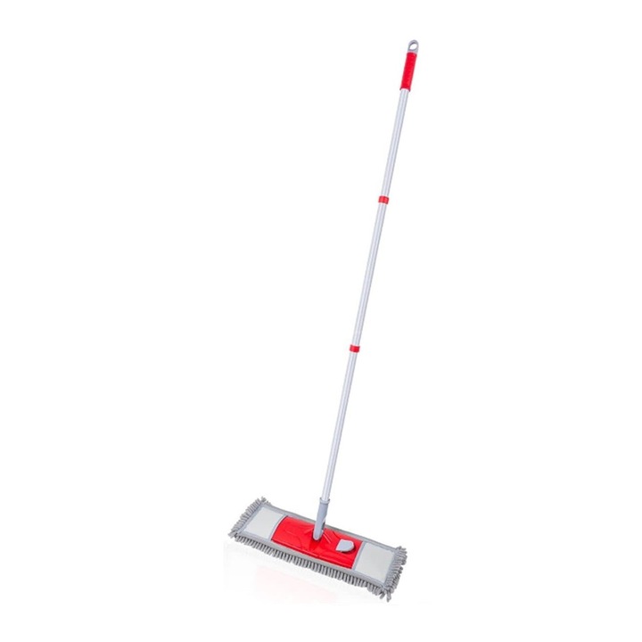 Mop plat umed-uscat, Rotativ 360 grade, 2 lavete microfibra, Maner sectional 120 cm, Rosu/Gri