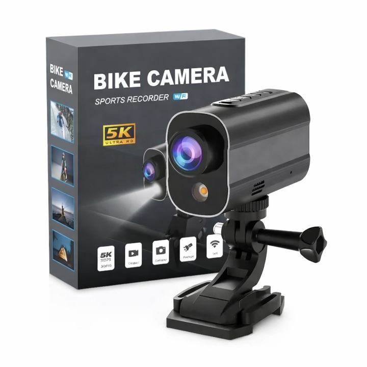 Camera de Actiune sport 5K Ultra HD 30 FPS, MILARIS®, Stabilizare Imagine Anti-Shake, Rezistenta la Apa, Functie WiFi, Unghi Larg 170°, Baterie Reincarcabila 1000mAh, Accesorii Prindere Incluse, Neagra