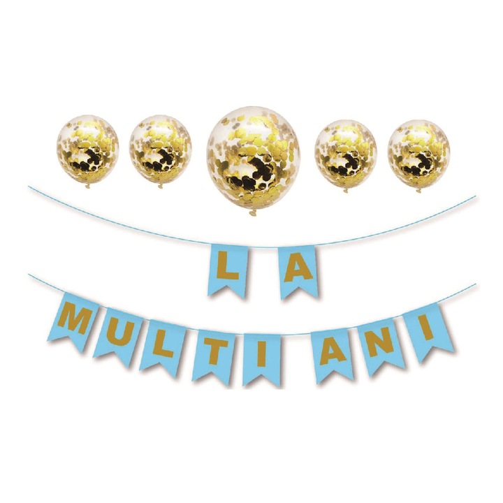Set ghirlanda decorativa albastru, auriu, paiete aurii, TZ5174, la multi ani, 3 m