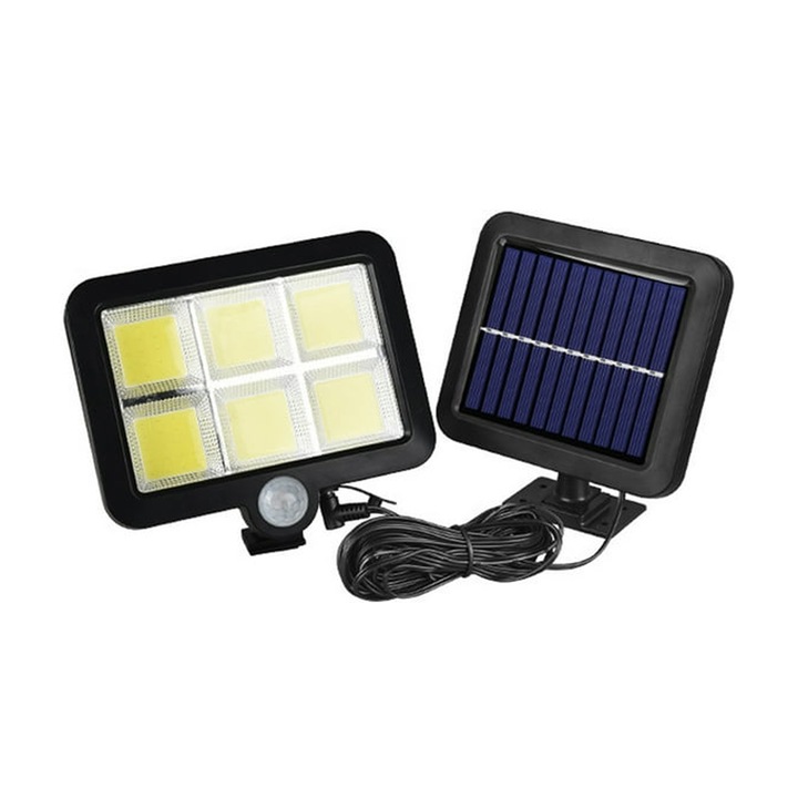 Napelemes lámpa 120 COB Phuture® LED, 30 W teljesítmény, levehető panel, 5 m-es kábel, fény-/mozgásérzékelő, 3 világítási mód, 1200 mAh-s akkumulátor, A osztály, IP67 vízálló