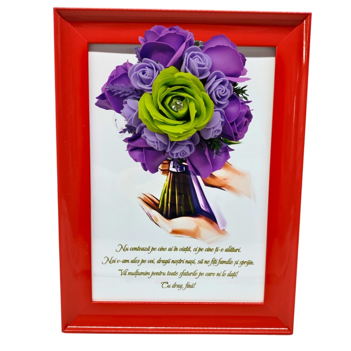 Tablou in rama A4 (30x21 cm) - Nu conteaza pe cine ai in viata, ci pe cine ti-e alaturi - v17 decorat cu flori de sapun mov - verde