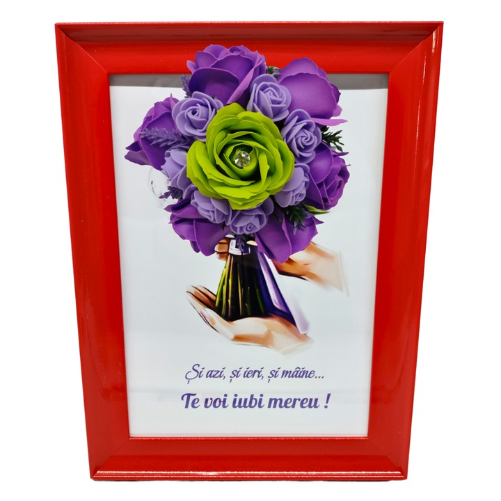 Tablou in rama A4 (30x21 cm) - Si azi, si ieri, si maine...Te voi iubi mereu! - v17 decorat cu flori de sapun mov - verde