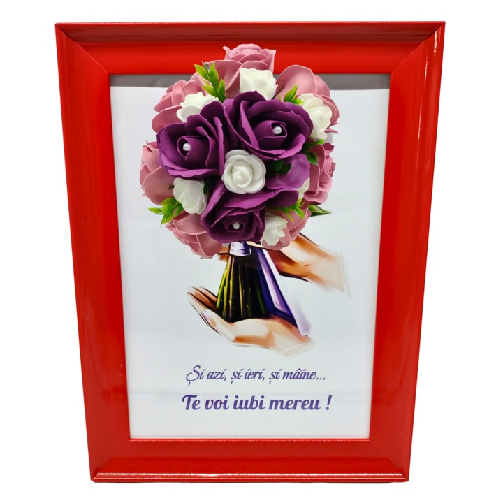 Tablou in rama A4 (30x21 cm) - Si azi, si ieri, si maine...Te voi iubi mereu! - v17 decorat cu flori de sapun roz - visiniu