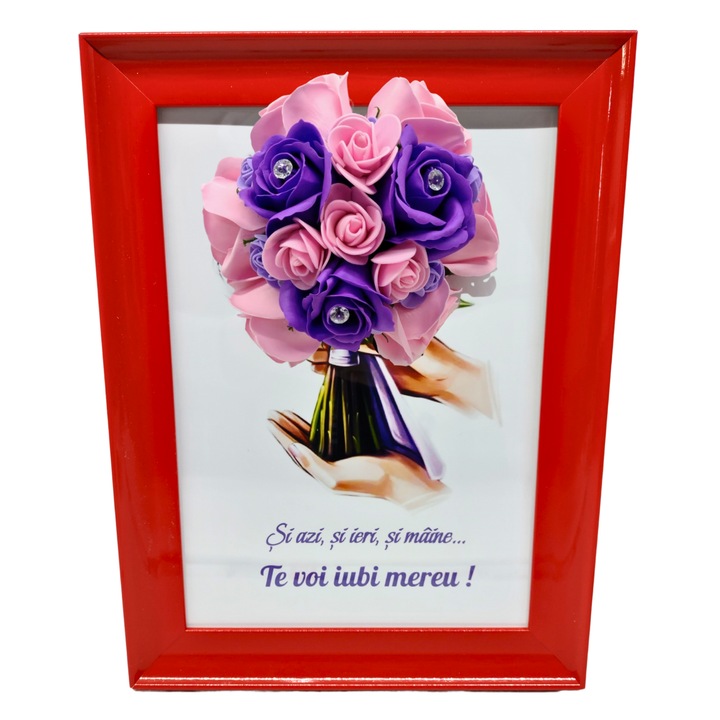 Tablou in rama A4 (30x21 cm) - Si azi, si ieri, si maine...Te voi iubi mereu! - v17 decorat cu flori de sapun mov - roz