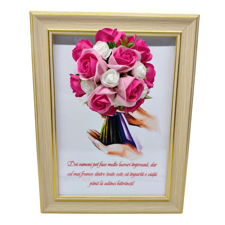 Tablou in rama A4 (30x21 cm) - Pentru o bunica fericita, pentru o mama iubita, pentru o femeie speciala, la multi ani! - v16 decorat cu flori de sapun roz - roz inchis