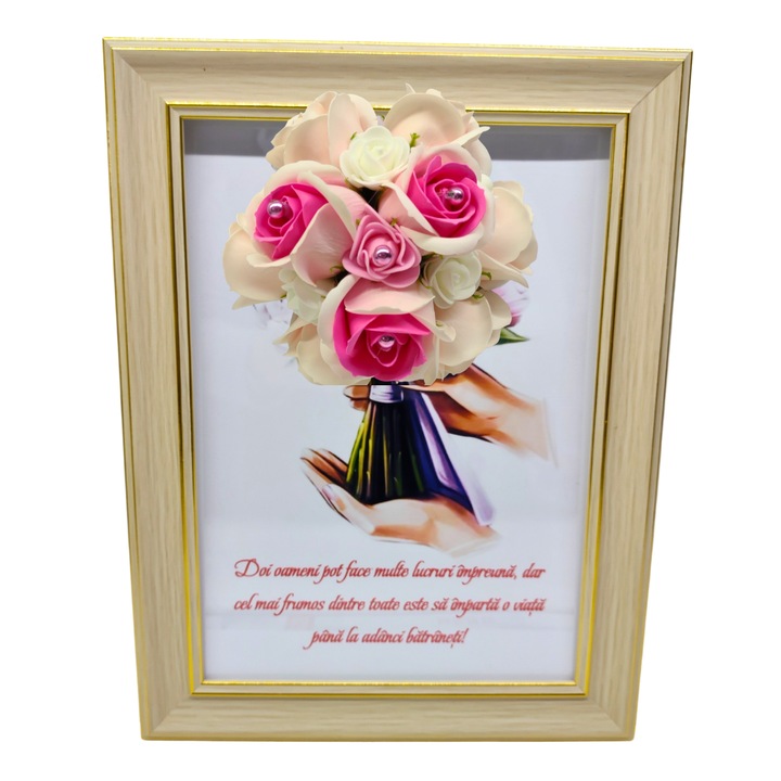 Tablou in rama A4 (30x21 cm) - Pentru o bunica fericita, pentru o mama iubita, pentru o femeie speciala, la multi ani! - v16 decorat cu flori de sapun roz deschis