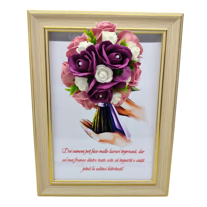 Tablou in rama A4 (30x21 cm) - Pentru o bunica fericita, pentru o mama iubita, pentru o femeie speciala, la multi ani! - v16 decorat cu flori de sapun roz - visiniu